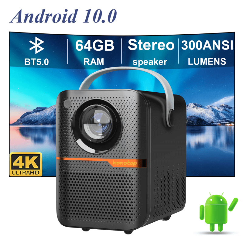 Bärbar Android Projektor - 16/64GB, 4G, 6K HD, 1280x720P | Smart Mini Hemmabio med WiFi 5.3, Bluetooth 5.0, 200" Skärm & HiFi-Högtalare | Kompatibel med Android & iOS