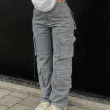 Dambyxor Capris Vintage Cargo Byxor Hög Midja Breda Ben Jeans Baggy Casual Mode Med Många Fickor